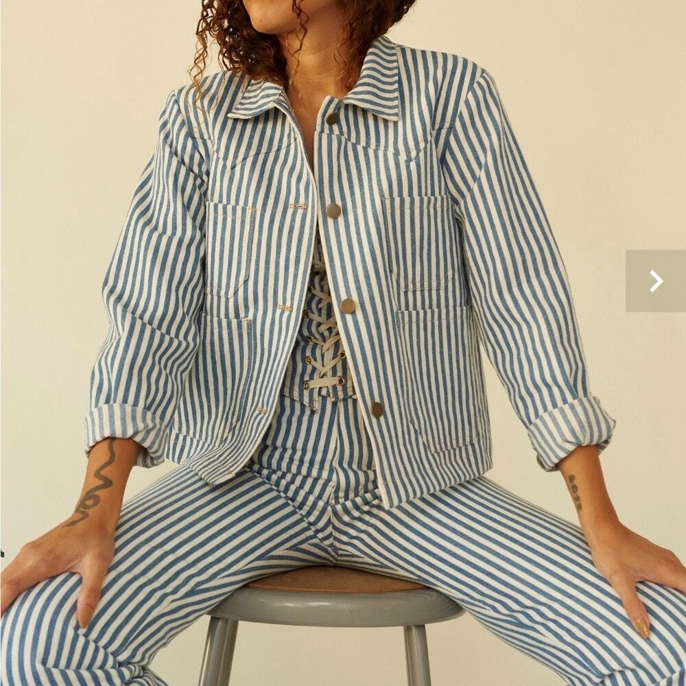 NEW Madewell Blue White Striped Crop Button Blazer Poplin Jacket w/Collar Size M